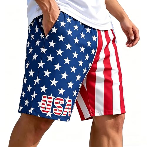 aoenbork American Flag Shorts Men Quick Dry 4th of July Mens Shorts Casual with Pockets and Adjustable Drawstring L