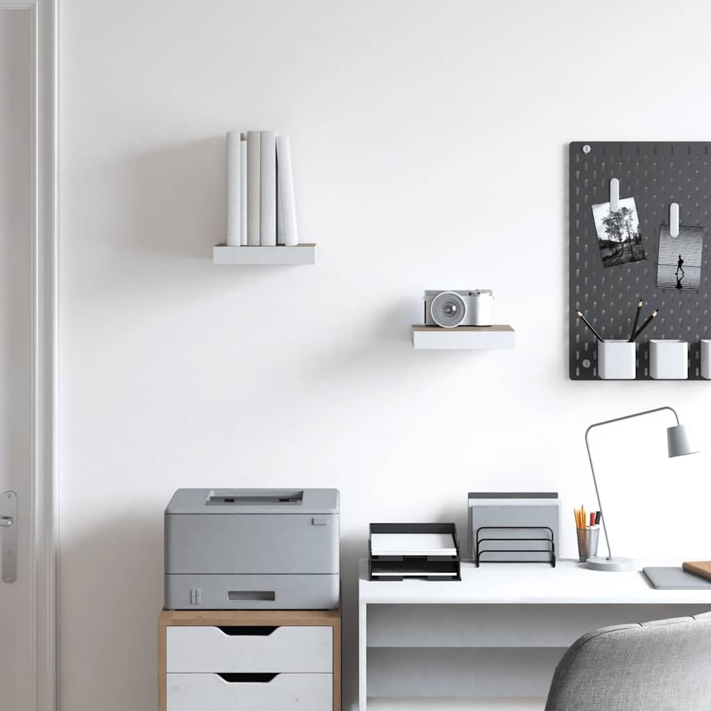 Estantería flotante de 2 unidades con aspecto de roble y tablero DM blanco, 23 x 23,5 x 3,8 cm, con soporte invisible, estantería para salón, dormitorio, cocina, oficina, para estante elegante