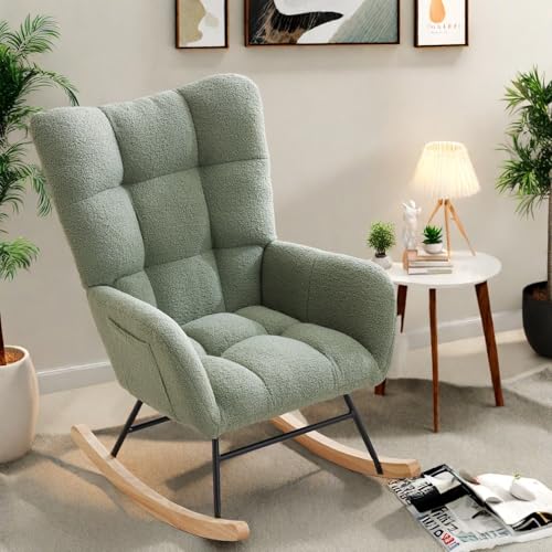 Image of GarveeHome Rocking Chair Nursery, Teddy Upholstered Glider Chair with High Backrest, Armrest and Side Pockets, Modern Comfy Accent Armchair Reading Chair for Bedroom, Living Room
