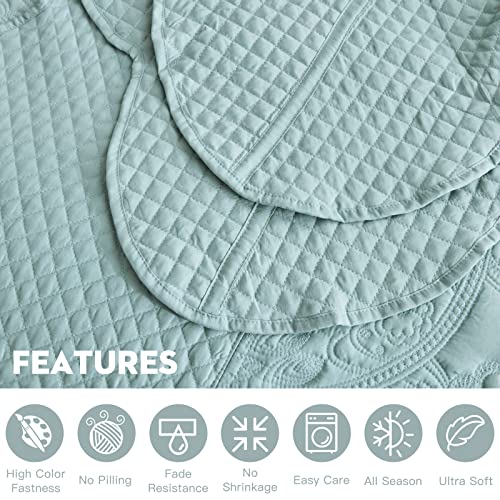 Image of Oversized King Bedspread, Stitched Paisley Quilt Set King /Cal King, Lightweight Reversible Coverlet, Scalloped Edge - Soft Serene Classic Look, 5 Piece, Seaglass