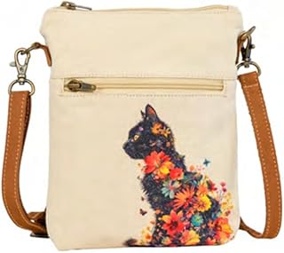 COTT N CURLS Floral Feline Slim Sling Bag for Women - 34x7.5 Cat Mom Birthday Gifts for Women, Watercolor Print, Canvas and Leather, Cute Funny Unique Cat Lover Gifts for Her, Bestfriend, Grandma