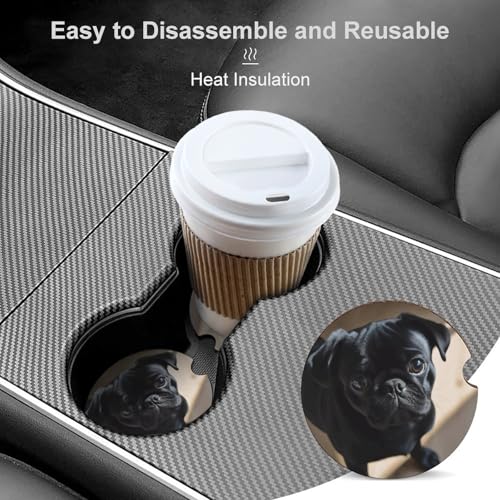 Posavasos para coche con diseño de cachorro pug negro, 2 piezas miniatura 4