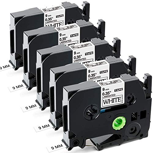 Aken Ruban Cassette compatible pour Brother P-touch TZe-221 TZe221 9mm Noir sur Blanc Ruban, Laminé Recharge pour Brother Ptouch 1000 1010 H100 1005 1090 1250, Paquet de 5