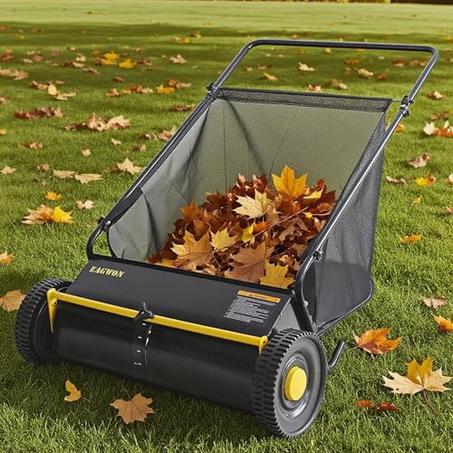 EAGWON Push Lawn Sweeper, 26-Inch Width, 7 Cu. Ft. Hopper Capacity, 4 Spinning Brushes, Adjustable Height, Durable Steel Frame with Rubber Wheels,Yellow&Black - Image 5