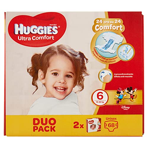 Huggies Pañales Ultra Confort, Talla 6 (16-30 kg), Paquete de 68 pañales