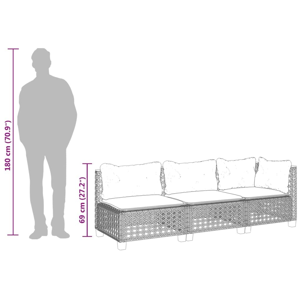 vidaXL Gartensofa 3-Sitzer, Gartensessel mit Kissen, Modular Loungesofa für Garten Terrasse, Sofa Garnitur Gartenmöbel, Grau Poly Rattan