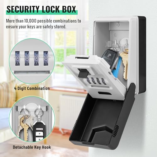 ONEKERUN Key Safe Wall Mounted Outdoor Waterproof Key Lock Box with Light Up Dial Security Large Key Box Police Approved Lockbox 4 Digit Combination Key Storage Box for Home Garage School Office - Image 3