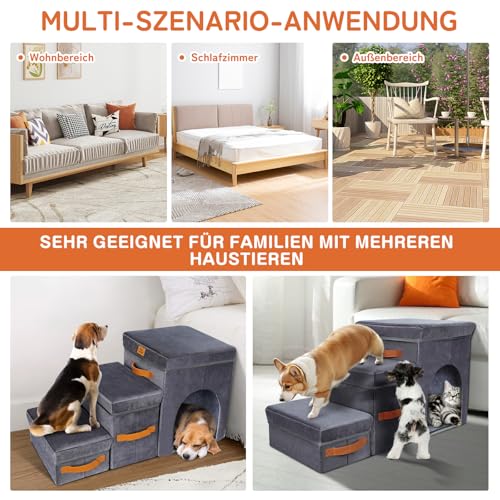 Zvonema Hundetreppe 3 Stufen, breiteren Haustiertreppe mit Stauraum, Faltbare Hundetreppe für Kleine Hunde bis 40kg, rutschfeste Hunderampe für Sofa, Bett, Auto, ältere Hunde & Katzen-78x34x45cm