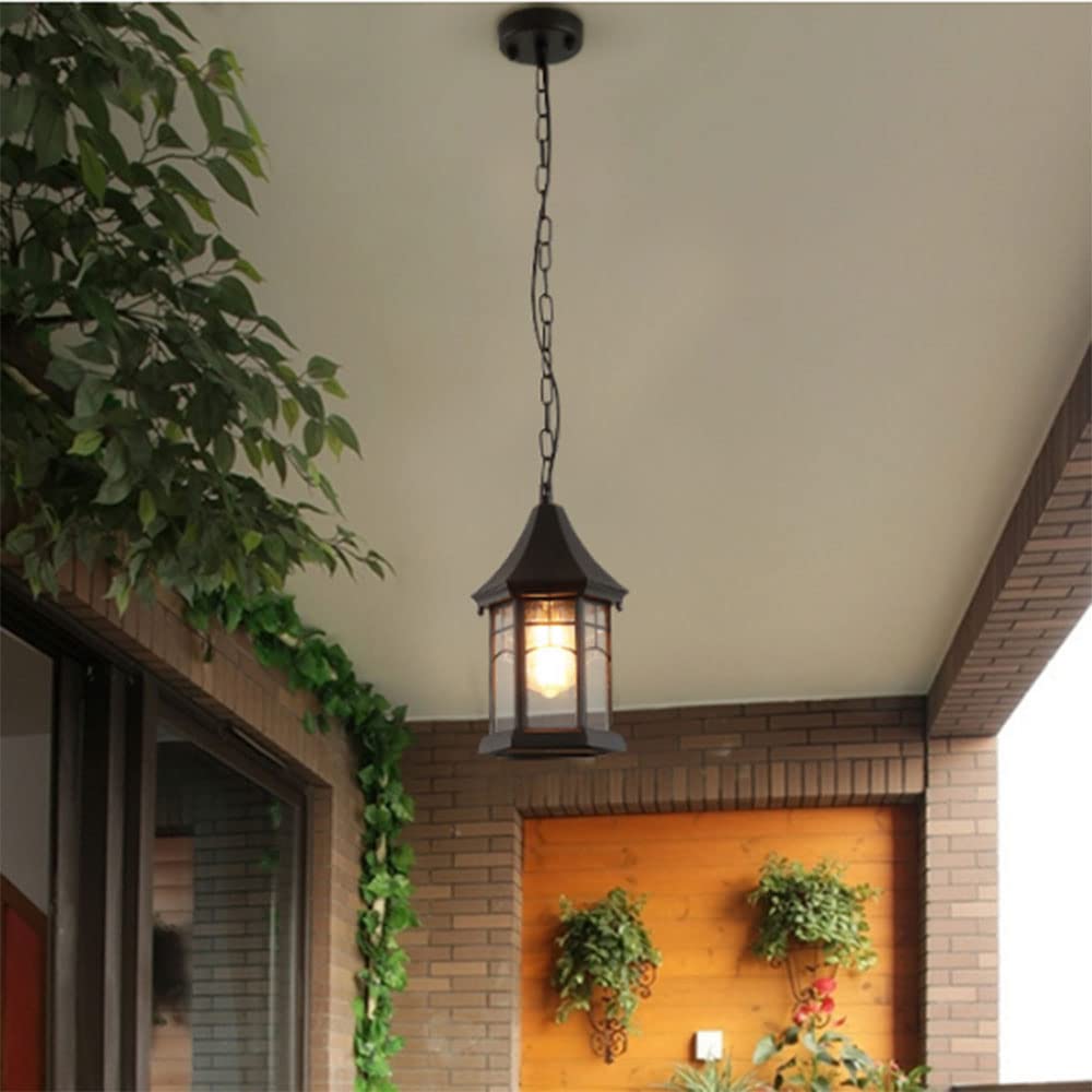 Lampy wiszące na zewnątrz na ganek, latarnia wisząca na zewnątrz w stylu vintage ze szklanym kloszem, czarna aluminiowa oprawa do altany, wejścia, podwórka