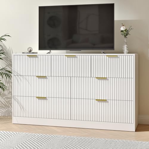 Image of White 7 Drawer Dresser for Bedroom, 55 inch Wide Fluted Dresser with Gold Handles, Modern Chest of Drawer for Bedroom, Closet, Living Room, Entryway, Hallway, White