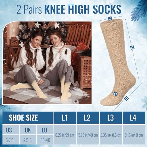Boyiee 2 Pairs Fuzzy High Socks for Women Thigh High Soft Warm Socks Winter Long Coral Fleece for Women2