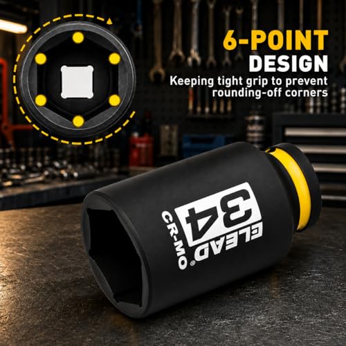 Image of ELEAD 34 mm Socket 1 /2 inch Drive Deep Impact Socket, Metric 6 Point 1 /2-inch Drive Impact Axle Nut Sockets, CR-MO Nut Socket Set, Tools for Easy Removal of Axle Shaft Nuts