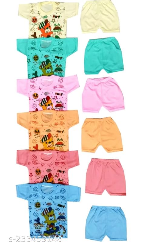 Newborn Baby Dress Kids Cotton Multicolor Half Sleeve Casual Dress T-Shirt Top and Pajama Pant Combo Pack of - 6-image-1