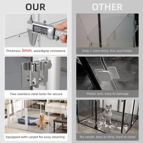 BingoPaw Acryl Wurfkiste Hunde Laufstall: Transparent Hundezaun Wohnung Welpenzaun 80cm hoch, XXL Welpenauslauf mit wasserdichter Bodenmatte und Tür, 163x102x80 cm