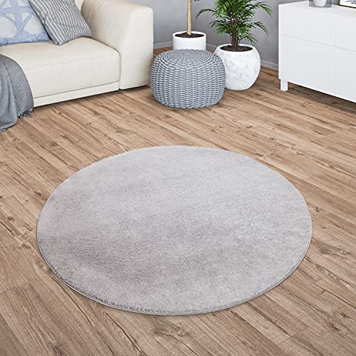 TT Home Tappeto Salotto Pelo Corto Monocolore Design Moderno Lavabile, Colore: Grigio, Dimensione:120 cm tondo
