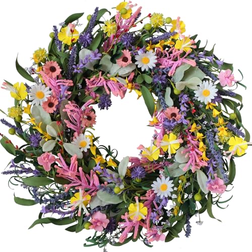 Bibelot Spring Wreaths for Front Door 22 Inch Artificial Floral Wreath for Decoration with Daisy Lavender Wildflower Wreaths for Indoor Outdoor Home Windows Wall Farmhouse Wedding Decor