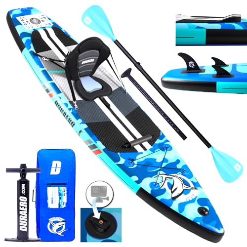 Tabla Hinchable de Paddle Surf con Asiento de Kayak, 330 x 76 x 15 cm, hasta 150 kg, Almohadilla Integrada, Aleta Desmontable, Doble Remo Ajustable, Kit de Reparación, Camuflaje Azul