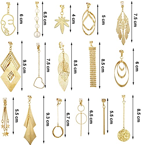 16 Pairs Drop Dangle Earrings Set Bohemian Tassel Pendant Clip Earrings Gold Plated Non-Piercing for Women (Chic Style)3