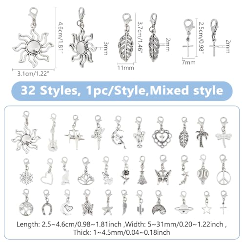 DICOSMETIC 32Pcs Alloy Clip On Bracelet Charms Assorted Dangle Charms with Clasps Jewelry Accessories for DIY Earrings Necklace Crafts Decoration Antique Silver & Platinum - Image 2
