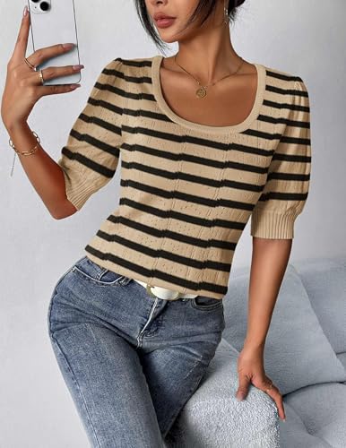 Image of HOTOUCH Sweater for Women 2026 Fall Trendy Puff Tops Casual Eyelet Knit Square Neck Tunic Shirt Blouses Beige Black Stripe XXL