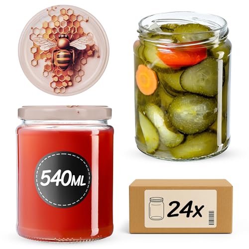 KADAX Barattoli per conserve da 540 ml con tappo a vite fi82 mm, per conservare, conservare e conservare, vasetti per marmellata, vasetti per conserve, barattoli rotondi (nido d'ape, 24 pezzi)
