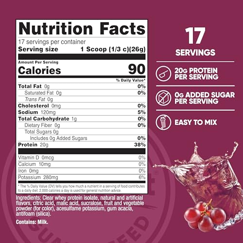 Image of Nutricost Clear Whey Protein Isolate Powder (Electric Grape) 1 LB - 20g Protein Per Serving, Zero Added Sugar, Easy-Mix WPI Drink, Gluten-Free, GMO-Free, 17 Servings