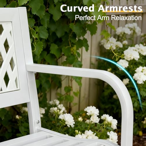 Image of VINGLI 47'' Outdoor Bench, Weather Resistant Garden Patio Bench Powder Coated Iron Frame w /PVC Mesh Backrest Slatted Seat, 2-Person Outdoor Furniture for Front Porch Entryway Park (White)