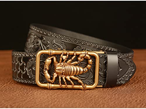 Men's Genuine Leather Ratchet Dress Casual Adjustable Belt 3D Scorpion Buckle Western Vintage Leather Engraved Belt3