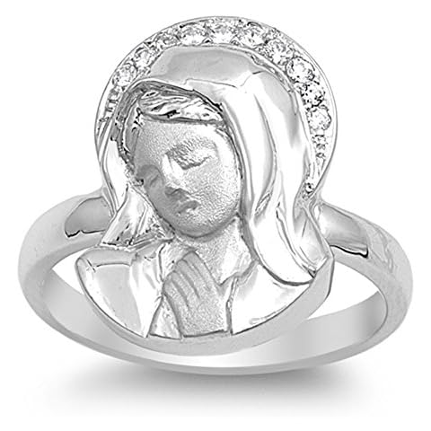 Clear CZ Virgin Mary Catholic Church Ring .925 Sterling Silver Band Size 7 (RNG21628-7) Cover