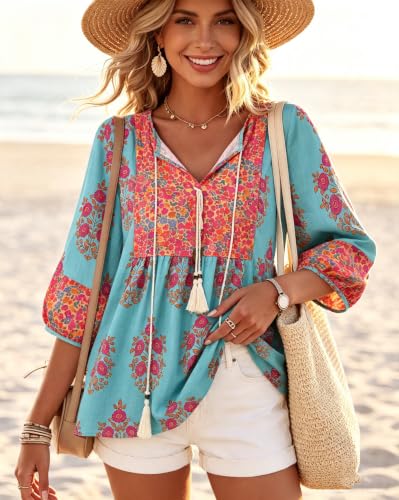 Image of Vivilli Womens Summer Boho Babydoll Tops 3 /4 Sleeve Pleated Peplum Blouses Casual V Neck Tie Front 2026 Tunic Tops