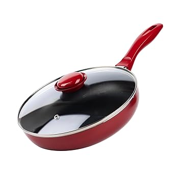 KITCHENMARK Nonstick Aluminium Frypan with Lid 24cm Frying Pan Suitable with Multiple Cooktops - Red