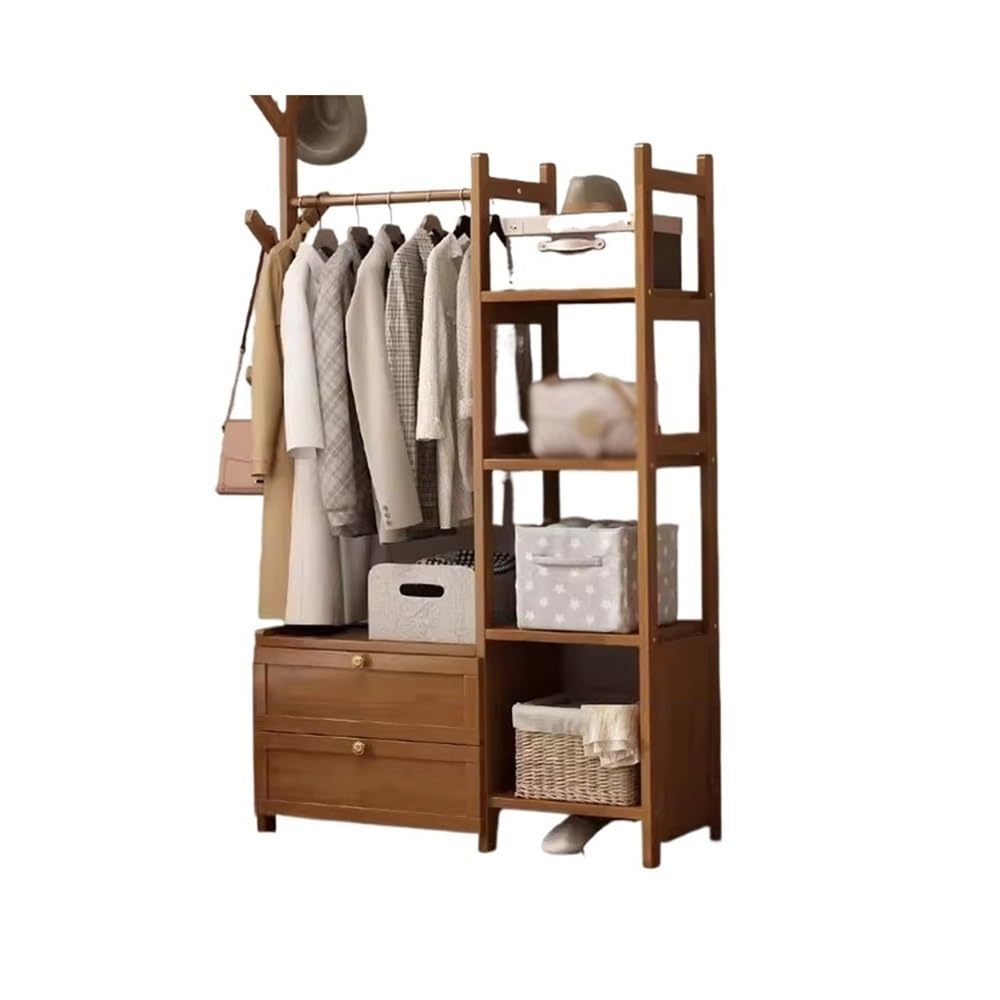AILIUXIAOYAN Coat Rack Clothes Hanger Floor Coat Rack with Storage Drawer Household Coat Rack Bedroom Hanging Clothes Open Wardrobe Storage Rack(Brown,L)