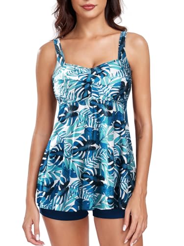 FLYILY Femmes 2 Pièce Floral Tankini Ensemble Vintage Imprimé avec Short Maillot de Bain Grande Taille(BlueLeaf,XXL)