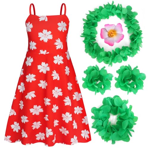 Benylion Hawaiian Dress Girls Red Leaf Dress Summer Dresses Halloween Christmas Cosplay Birthday Party Wear 6PCS Set 5-6 X
