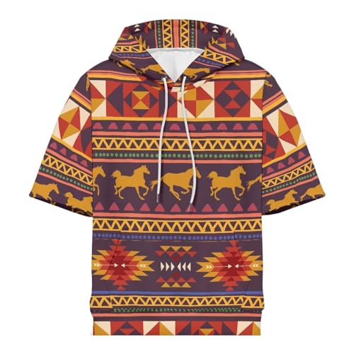 Men's Leisure Hoodie Half Sleeve Moisture-Wicking Fabric Casual Lightweight Sportswear Aztec Indian Tribal Print