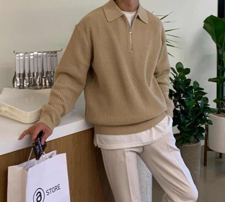 POHADON Mens Quarter Zip Up Sweater Pullover Fall Winter Long Sleeve Knitted Polo Sweatshirt Korean Fashion4