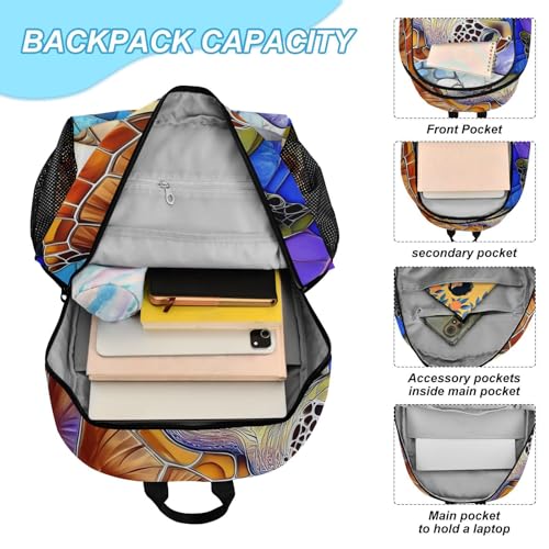 Travel Backpack Lunch Bag Set for Hiking Picnic, Backpacks with Insulated Lunch Box Stained Glass Turtle Print4