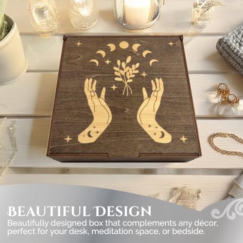 Image of Positive Affirmations Box | Moon Phase Themed Engraved Wood Box with 72 Positive Affirmation Heart Cutouts | Daily Motivational Gift for Women