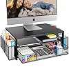 Desk Organizers and Accessories, 2-Tier Computer Monitor Stand for Desk Organizer with Drawer and 2 Pen Holders, Office Desk Accessories Workspace Desktop Organizers for Office Supplies, Black