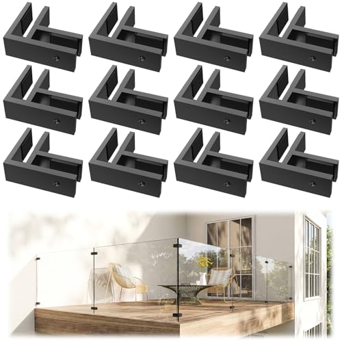 Image of 12 Pack Corner Railing Glass to Glass Clamps, Double Side Glass Clip | No Drilling in Glass, T304 Stainless Steel, Fits 3 /8 inch-1 /2 inch Glass Thickness, Modern Black, Suitable for Fence, Pool, Balcony