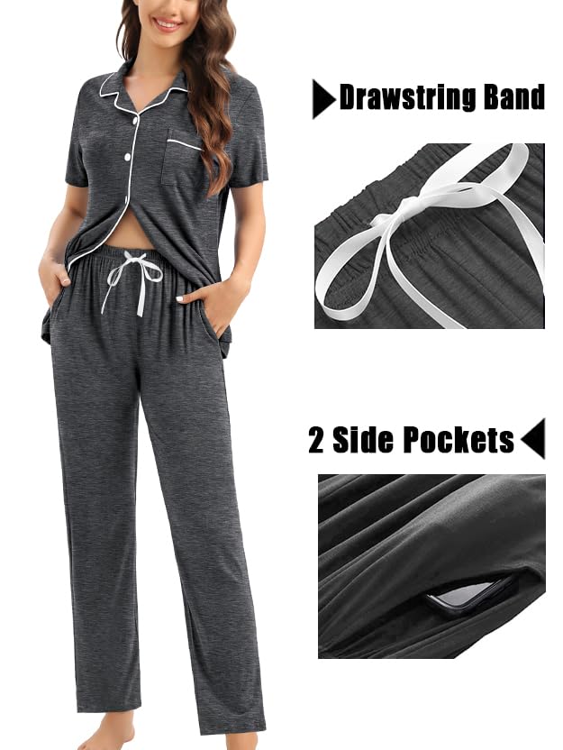 Image of SWOMOG Womens 3pcs Button Down Pajamas Set Short Sleeve Sleepwear Bride Pj Lounge Set with Long Pants