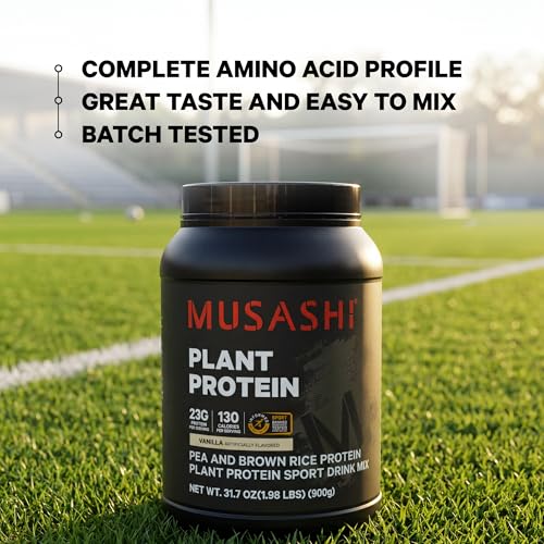Image of Musashi Plant Protein Powder, Vanilla, 900g (1.98 lb), Pea, Brown Rice and Chia Protein Blend with BCAAs & L-Glutamine, 23g Protein, 130 Calories per Serving