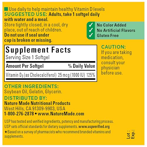 Nature Made Vitamin D3 1000 IU (25 mcg), 100 Vitamin D Softgels - image 6