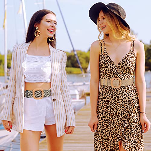 Charniol 8 Pack Straw Woven Waist Dress Belt Rattan Earrings Set for Women, Tassel Hoop Drop Dangle Bohemian Earrings and Stretch Dress Belt For Ladies And Girls4