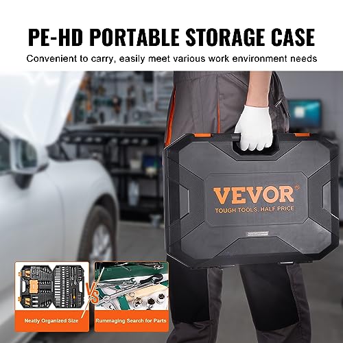 Image of VEVOR Mechanics Tool Set and Socket Set, 1 /4 inch and 3 /8 inch Drive Deep and Standard Sockets, 145 Pcs SAE and Metric Mechanic Tool Kit with Bits, Combination Wrench, Hex Wrenches, Accessories, Storage Case