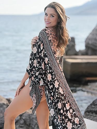 Image of Breezy Lane Women's Kimono Cardigan Summer Swimsuit Coverups Beach Cover Up with Floral Print for Vacation