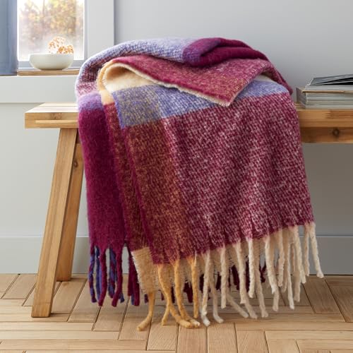 Catherine Lansfield Plaid Imitation Mohair à Carreaux Prune 130 x 170 cm