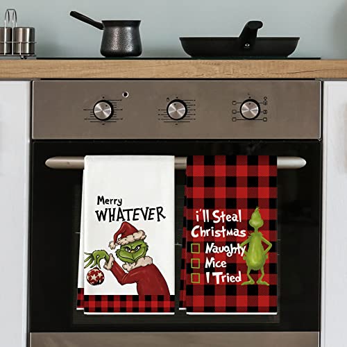 Whaline Christmas Buffalo Plaids Kitchen Towel Red Black Plaids Cartoon Character Dish Towel 18 X 28 Inch Funny Holiday Xmas Hand Drying Tea Towel For Cooking Baking, Set Of 4 #TOP6