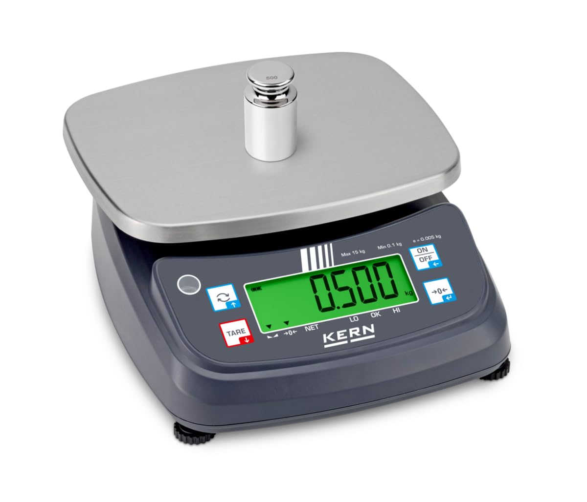 KERN FPB 15K-3 - Báscula de mesa protegida por IP con pantalla de pesaje, legibilidad [d]: 1 g, rango de pesaje [Max]: 15 kg, IP68/IP69K, pantalla a color para pesaje de tolerancia, batería incluye