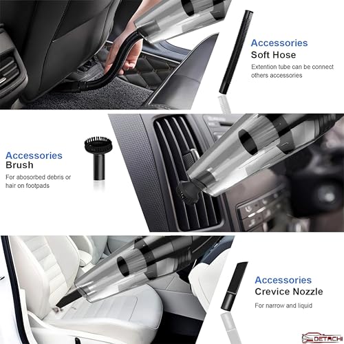 Image of DETACHI Car Vacuum Cleaner - Portable 2 in 1 Wet & Dry Cleaner for Car with High 6000PA Powerful Suction 12V DC for Deep Cleaning, HEPA Filter, Filter for Allergens, Cigarette Lighter Cord -Black
